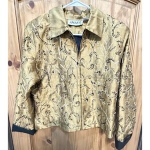 ANAGE Gold Silk Embroidered Beaded Jacket Blazer Womens Small Evening